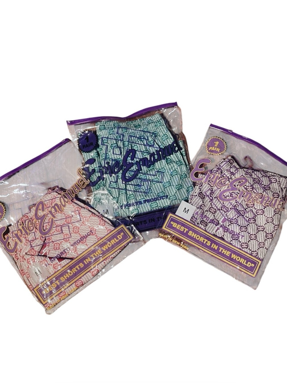 Eric Emanuel Patterned Shorts Trio in Purple, Teal, Pink